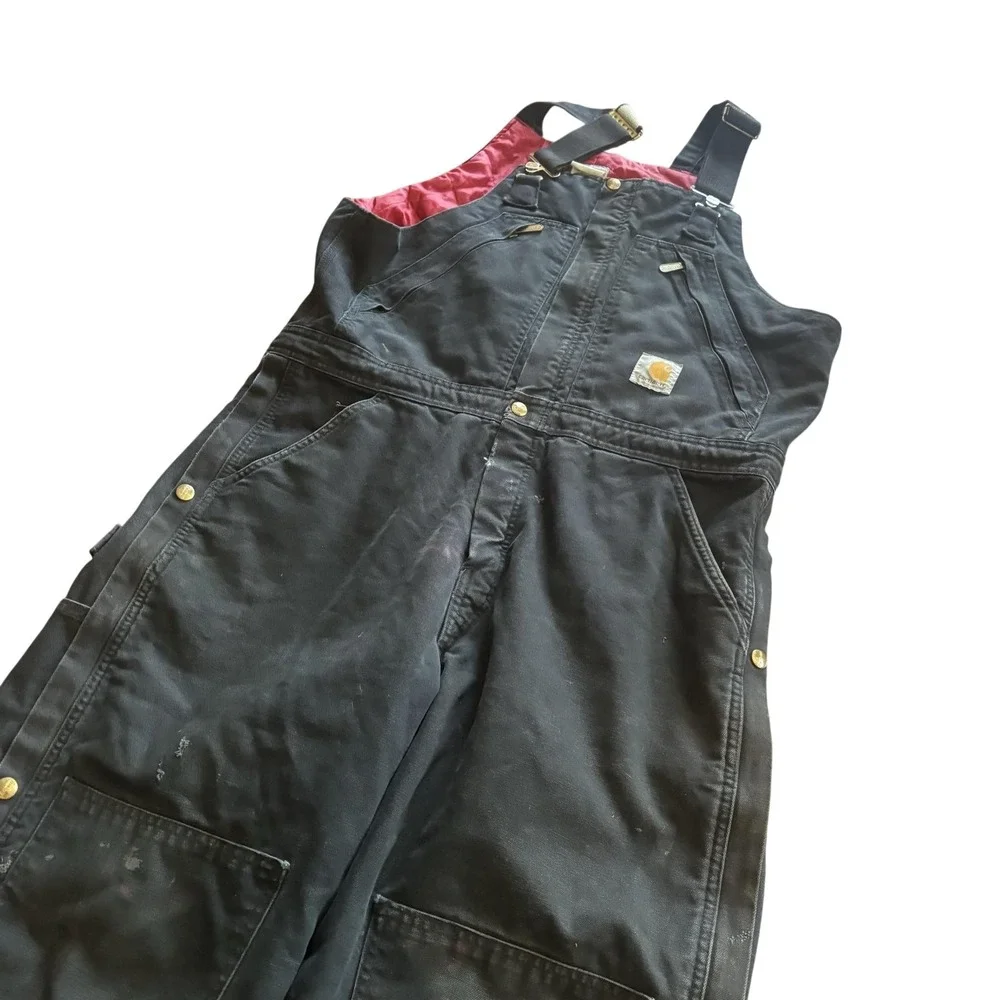 Carhartt Bib Overalls Mens 44x30 Black R38 Duck Insulated Quilt Lined Workwear